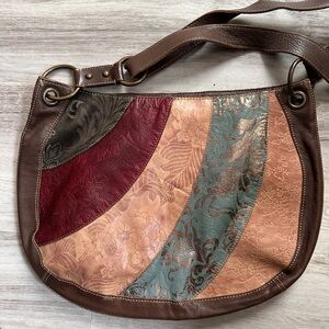 Fossil Leather Patchwork Shoulder Bag Multicolor Boho Embossed Purse